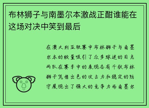 布林狮子与南墨尔本激战正酣谁能在这场对决中笑到最后